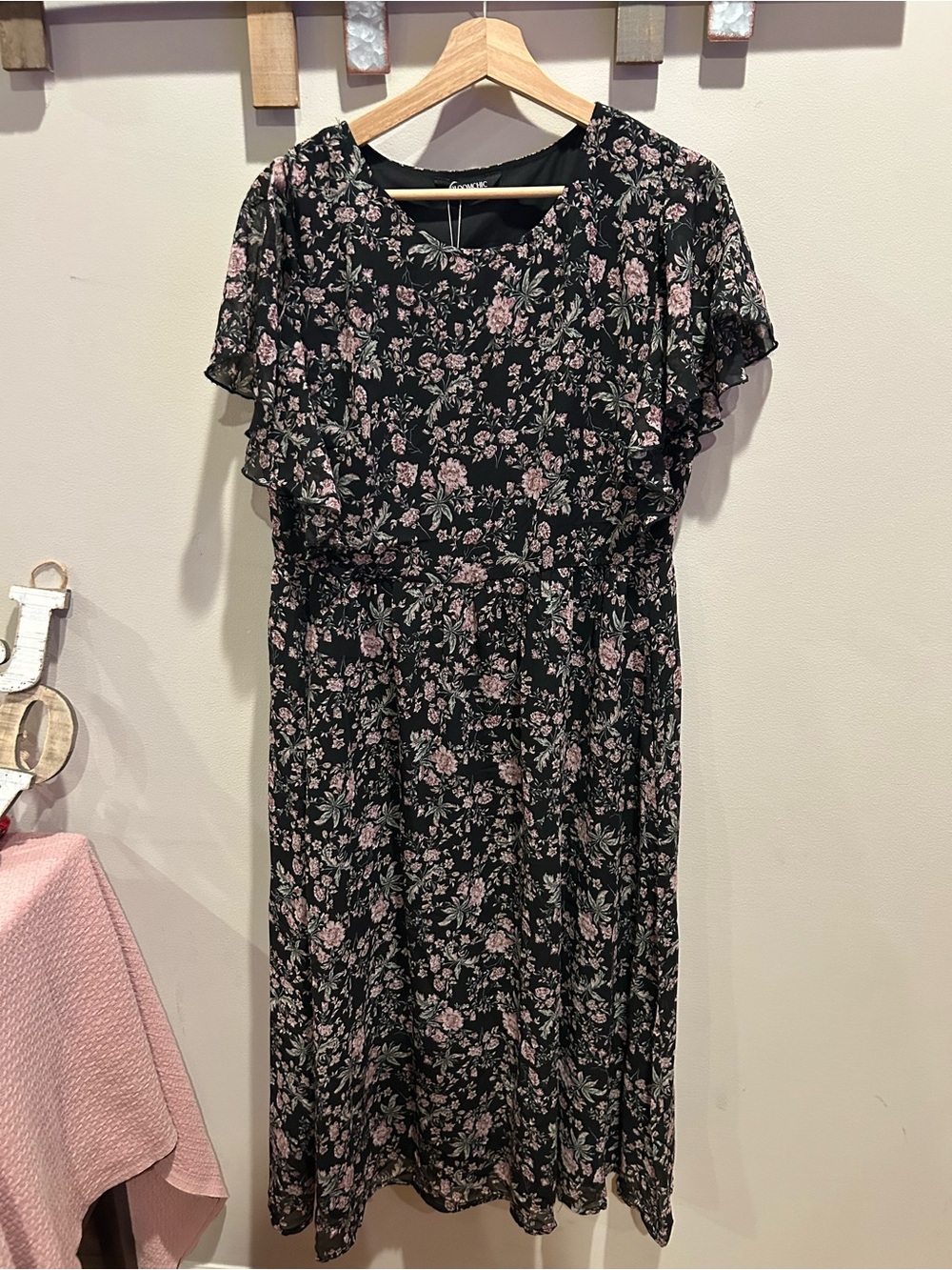Bloomchic Floral Midi Dress - Black with Pink Flowers